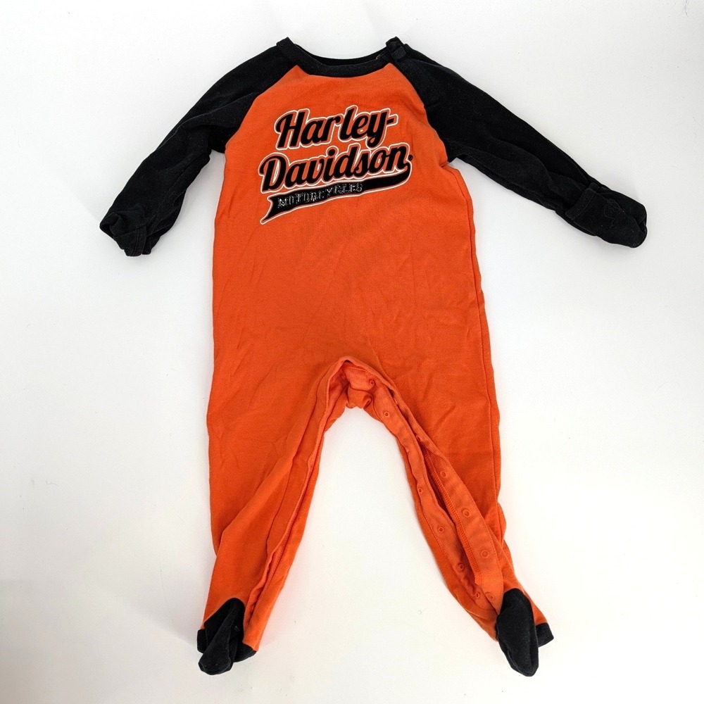 Harley-Davidson Baby Footed Romper Orange Black Logo Coverall 18M